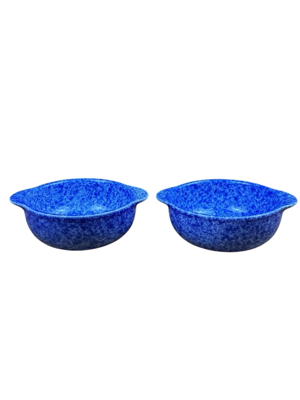 2 Vintage Coche Blue Spongeware Speckled Bowls Handled Stoneware 6.5” Portugal